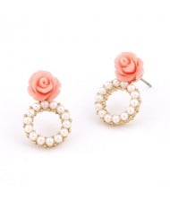Rose Attached Pearl Hoop Ear Studs - Pink