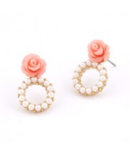 Rose Attached Pearl Hoop Ear Studs - Pink
