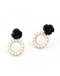 Rose Attached Pearl Hoop Ear Studs - Black