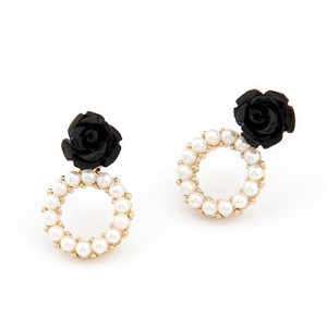 Rose Attached Pearl Hoop Ear Studs - Black