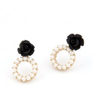 Rose Attached Pearl Hoop Ear Studs - Black