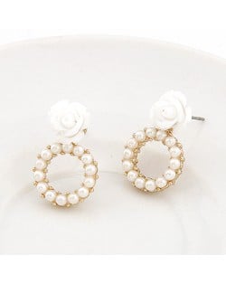 Rose Attached Pearl Hoop Ear Studs - White