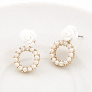 Rose Attached Pearl Hoop Ear Studs - White