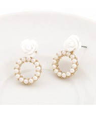 Rose Attached Pearl Hoop Ear Studs - White