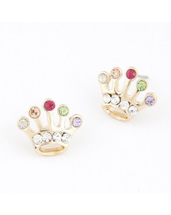 Colorful Czech Rhinestone Embedded Crown Ear Studs