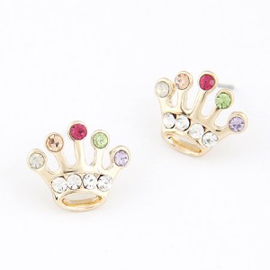 Colorful Czech Rhinestone Embedded Crown Ear Studs