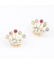 Colorful Czech Rhinestone Embedded Crown Ear Studs