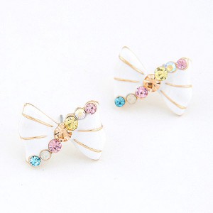 Czech Rhinestone Attached Oil-spot Glazed Bowknot Ear Studs
