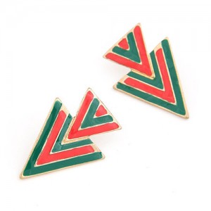 Dual Stripe Arrowheads Design Ear Studs - Red and Green