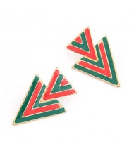 Dual Stripe Arrowheads Design Ear Studs - Red and Green