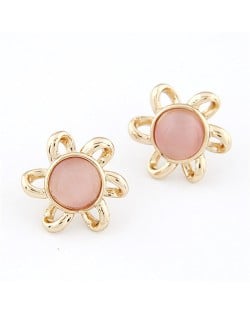 Korean Fashion Opal Stone Inlaid Floral Shape Ear Studs - Pink