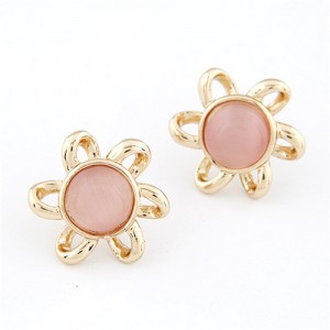 Korean Fashion Opal Stone Inlaid Floral Shape Ear Studs - Pink