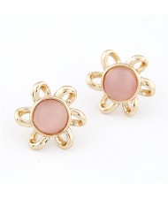 Korean Fashion Opal Stone Inlaid Floral Shape Ear Studs - Pink