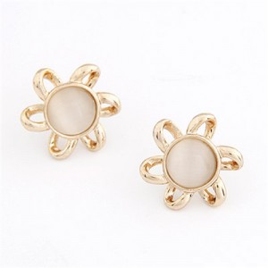 Korean Fashion Opal Stone Inlaid Floral Shape Ear Studs - Beige