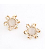 Korean Fashion Opal Stone Inlaid Floral Shape Ear Studs - Beige