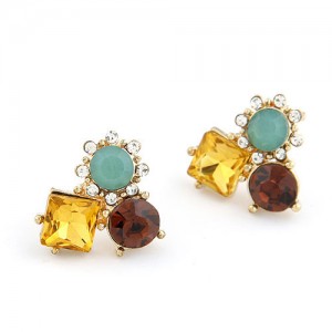Sweet Korean Style Rhinestone Inlaid Flowers Combo Ear Studs - Yellow