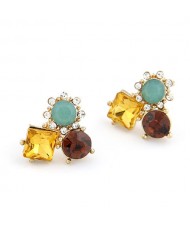 Sweet Korean Style Rhinestone Inlaid Flowers Combo Ear Studs - Yellow