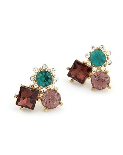 Sweet Korean Style Rhinestone Inlaid Flowers Combo Ear Studs - Coffee