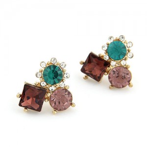 Sweet Korean Style Rhinestone Inlaid Flowers Combo Ear Studs - Coffee