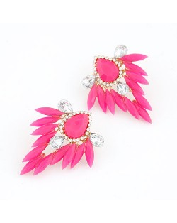 Leaves and Flower Design Fluorescent Colour Bold Ear Studs - Rose