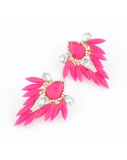Leaves and Flower Design Fluorescent Colour Bold Ear Studs - Rose