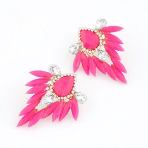 Leaves and Flower Design Fluorescent Colour Bold Ear Studs - Rose
