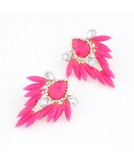 Leaves and Flower Design Fluorescent Colour Bold Ear Studs - Rose