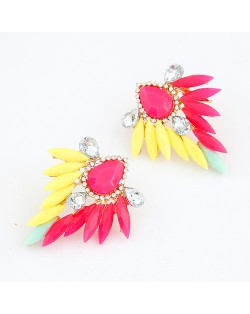 Leaves and Flower Design Fluorescent Colour Bold Ear Studs - Multicolor