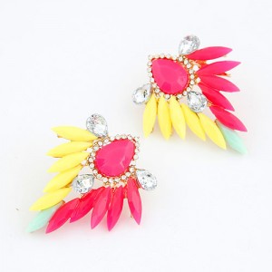 Leaves and Flower Design Fluorescent Colour Bold Ear Studs - Multicolor
