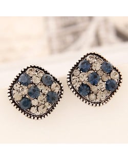 Korean Cute Fashion Czech Rhinestone with Studs Rim Square Earrings - Silver