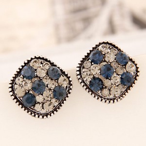 Korean Cute Fashion Czech Rhinestone with Studs Rim Square Earrings - Silver