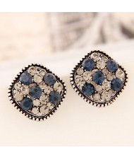 Korean Cute Fashion Czech Rhinestone with Studs Rim Square Earrings - Silver