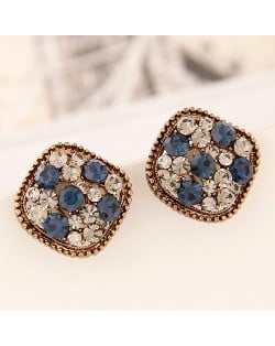 Korean Cute Fashion Czech Rhinestone with Studs Rim Square Earrings - Golden