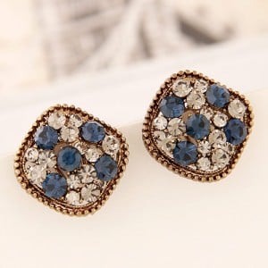 Korean Cute Fashion Czech Rhinestone with Studs Rim Square Earrings - Golden