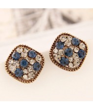 Korean Cute Fashion Czech Rhinestone with Studs Rim Square Earrings - Golden