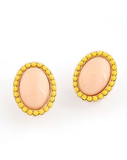 Korean Fashion Yellow Studs Rim Oval Shape Ear Studs - Pink