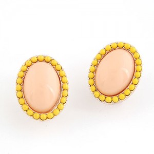 Korean Fashion Yellow Studs Rim Oval Shape Ear Studs - Pink