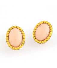 Korean Fashion Yellow Studs Rim Oval Shape Ear Studs - Pink