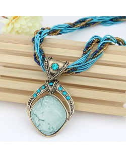 Bohemian Fashion Rhombus Gem Pendant Mini Beads Twist Chain Necklace - Blue