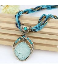 Bohemian Fashion Rhombus Gem Pendant Mini Beads Twist Chain Necklace - Blue