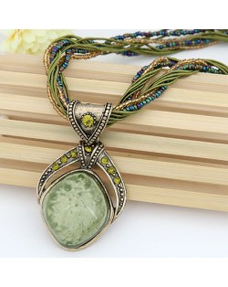 Bohemian Fashion Rhombus Gem Pendant Mini Beads Twist Chain Necklace - Green