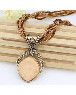 Bohemian Fashion Rhombus Gem Pendant Mini Beads Twist Chain Necklace - Beige