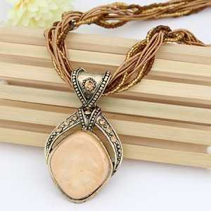 Bohemian Fashion Rhombus Gem Pendant Mini Beads Twist Chain Necklace - Beige