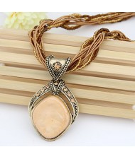 Bohemian Fashion Rhombus Gem Pendant Mini Beads Twist Chain Necklace - Beige