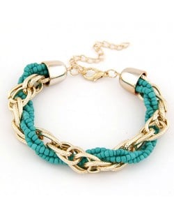 Golden Chain and Mini Beads Weaving Style Bracelet - Teal