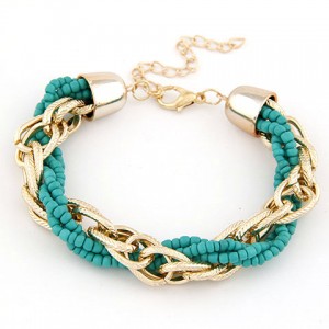 Golden Chain and Mini Beads Weaving Style Bracelet - Teal