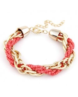 Golden Chain and Mini Beads Weaving Style Bracelet - Red