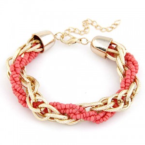 Golden Chain and Mini Beads Weaving Style Bracelet - Red