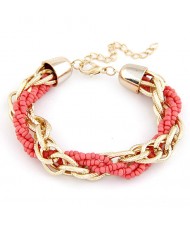 Golden Chain and Mini Beads Weaving Style Bracelet - Red