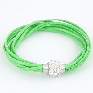 Rhinestone Inlaid Ball Shape Decoration Leather Bracelet - Green